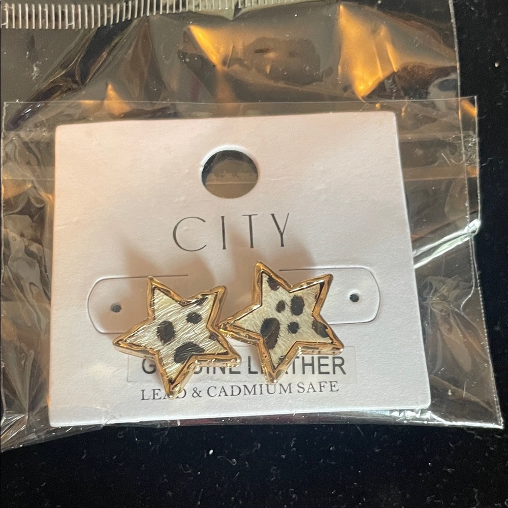 CITY Gold Star Leopard Print Leather Stud Earrings